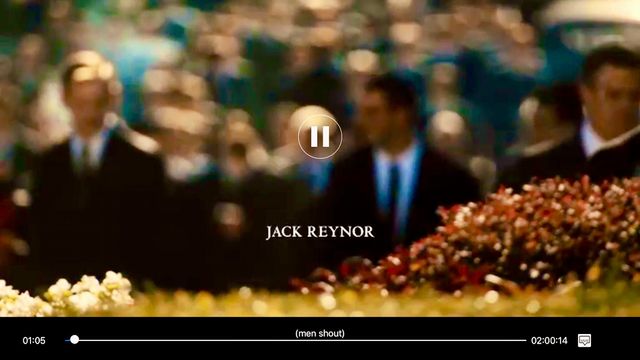 Blurry men in suits over a flowering hedge, and the name Jack Reynor center - there's a playhead at the bottom, showing 1:05m into a 2 hour movie
